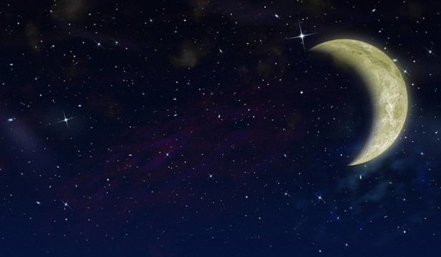 星星的天空中的半個月亮。詳細的圖像