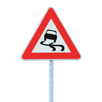 濕滑的道路標(biāo)志；孤立的交通指路牌
