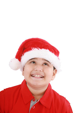 可愛的小男孩在Santa帽；仰視復(fù)制空間