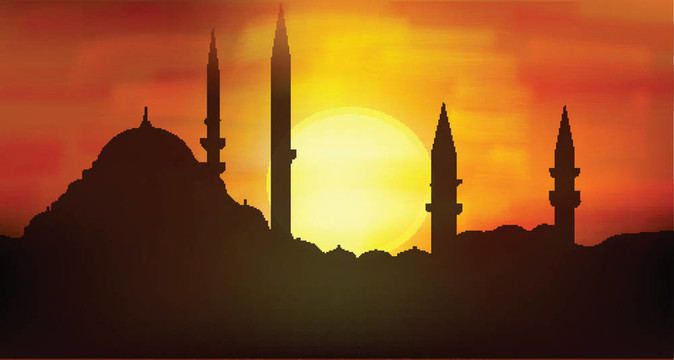 在高聳的Sultanahmet日落；伊斯坦布爾清真寺的剪影
