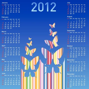 時(shí)尚日歷與蝴蝶2012。星期日星期開(kāi)始。