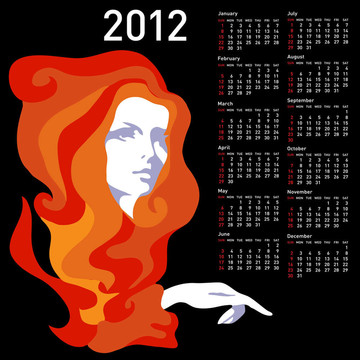 時尚日歷與女人為2012。星期日星期開始。