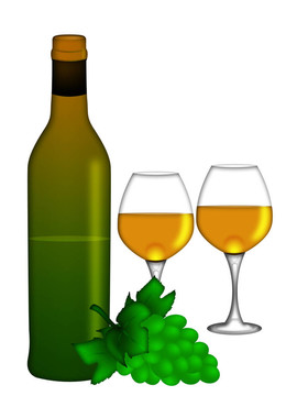 白葡萄酒的瓶子和兩杯與葡萄