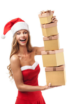 快樂的圣誕婦女拿著Santa的服裝