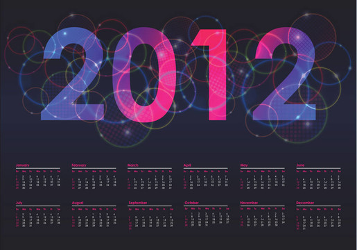 彩色日歷為2012；每周星期日開始