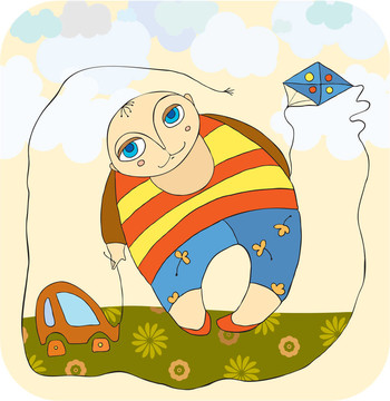 帶玩具車和風(fēng)箏的小男孩