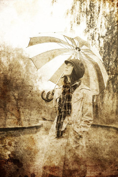 下雨天在公園里帶著雨傘和圍巾的女孩。照片與自然色彩的復(fù)古風(fēng)格。