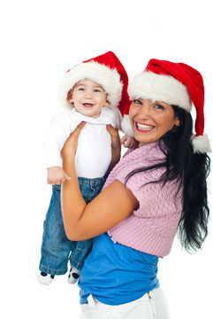 笑媽媽和男嬰與Santa帽