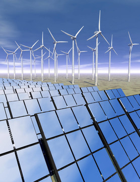 沙漠中的太陽能電池板和風(fēng)力渦輪機(jī)