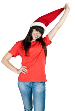 美麗的女孩在Santa的帽子