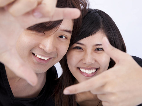 一個(gè)微笑的年輕男人和女人的特寫