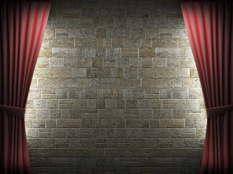 紅絲絨窗簾和石墻