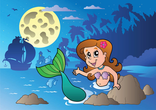 晚上的海景和游泳的美人魚(yú)