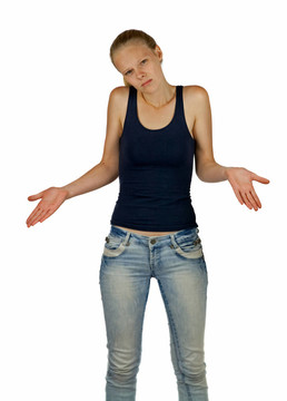 年輕女人不知道白色背景上的標(biāo)志