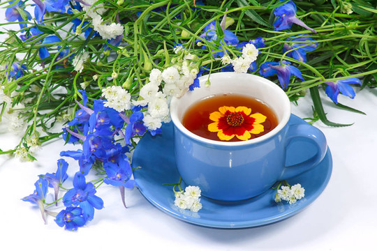 藍色的茶和花
