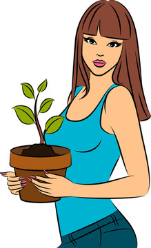 花盆里有植物的女孩