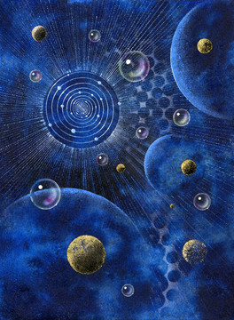 帶有行星和氣泡的抽象圖片