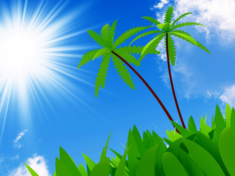 有趣的手掌在一個背景的太陽天空和綠草