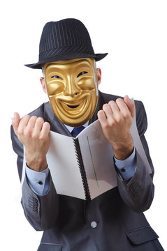 間諜概念與蒙面男子在白色