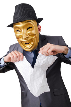 間諜概念與蒙面男子在白色