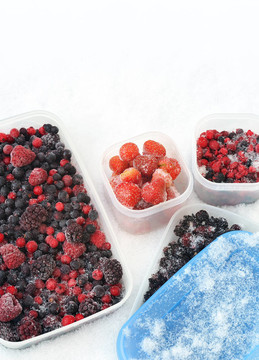 冷凍漿果在雪紅加侖塑料容器；蔓越莓；覆盆子；黑莓；越桔；藍(lán)莓；黑加侖；草莓