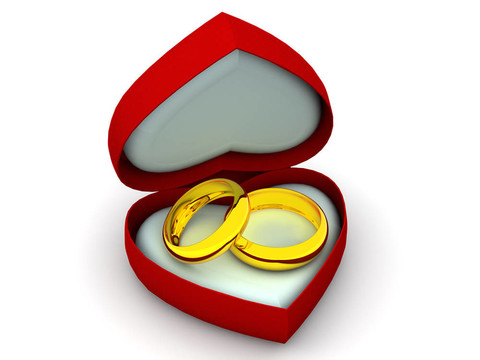 盒子心與結婚戒指。3d