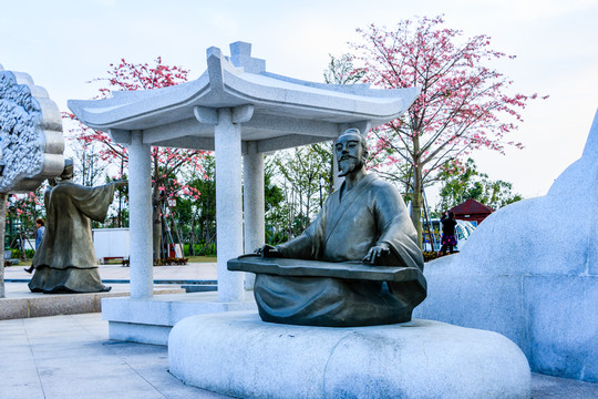 彈琴古代人物雕像