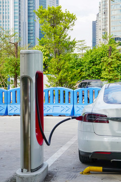 停車場(chǎng)正在充電的新能源汽車