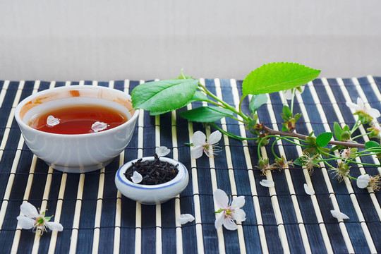 一杯茶；一罐茶葉和櫻花，竹葉上的桌布依然活著