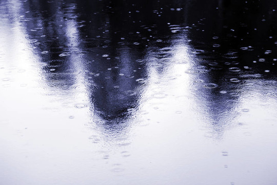 秋天的城市公園里的一個池塘里的雨滴