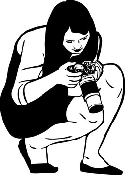 素描女孩攝影師與相機坐下來