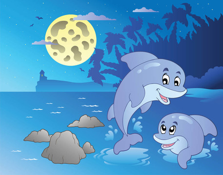 晚上的海景和快樂的海豚