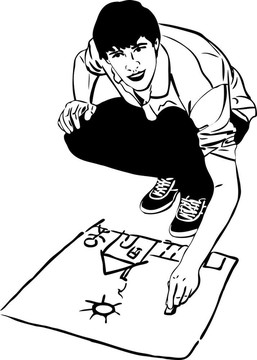素描青年畫房子和陽光的瀝青