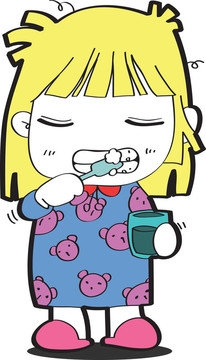 一個年輕女孩刷牙