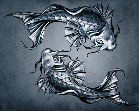 二元概念紋身；兩個日本金魚在藍色舊貨B