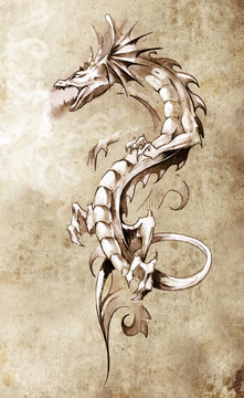 紋身藝術素描；大中世紀龍；幻想概念