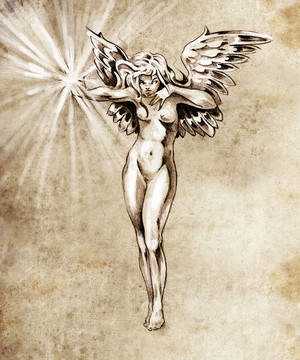 紋身藝術(shù)素描；仙女天使；裸女