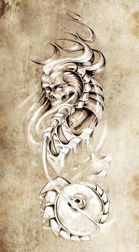 紋身藝術(shù)；動(dòng)物怪物和機(jī)器齒輪