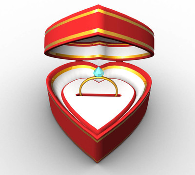 3D紅心形盒與白色背景上的一枚金戒指分離