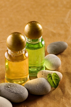 石头和绿叶洗发香波瓶