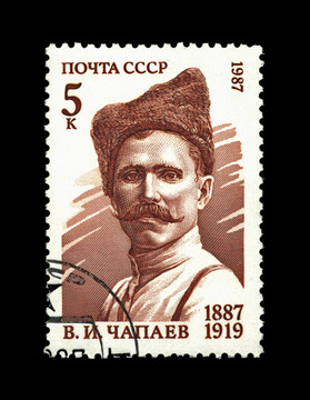 USSR -大約1987：郵票印刷在USSR著名的俄羅斯軍事指揮官Vasiliy Chapaev；顯