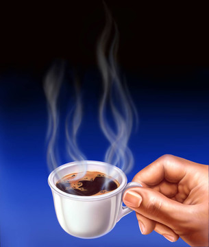 意大利濃咖啡杯；男子手持。關閉噴槍的插圖。煙從杯子里冒出來。
