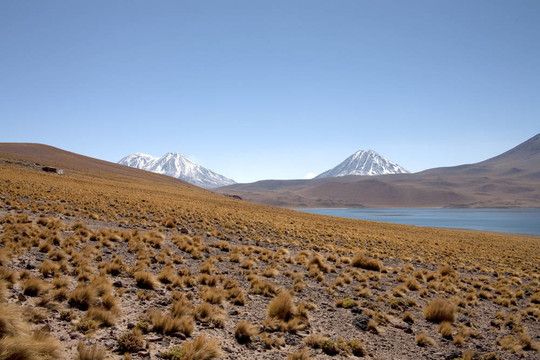 在阿塔卡馬沙漠附近的Lagunas Miscanti和Meniques的安第斯山脈