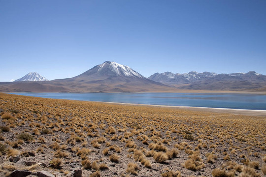 在阿塔卡馬沙漠附近的Lagunas Miscanti和Meniques的安第斯山脈