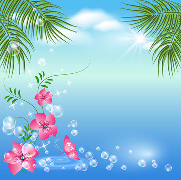 棕櫚樹和花的海洋景觀