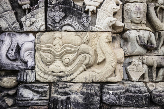 吳哥窟古代石刻。柬埔寨.