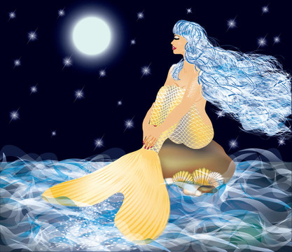 美麗的金色美人魚和月亮