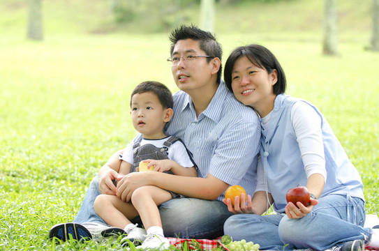 在戶外野餐的亞洲家庭；關(guān)注嬰兒