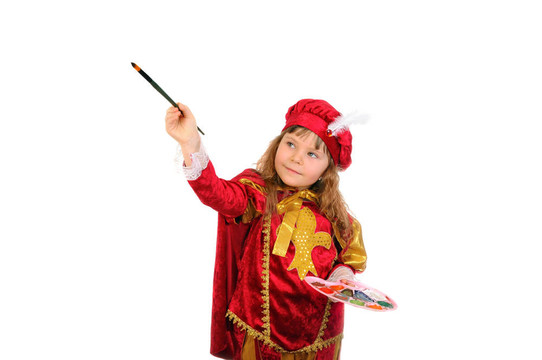 穿著紅色歷史服的女孩穿著白色背景的畫筆