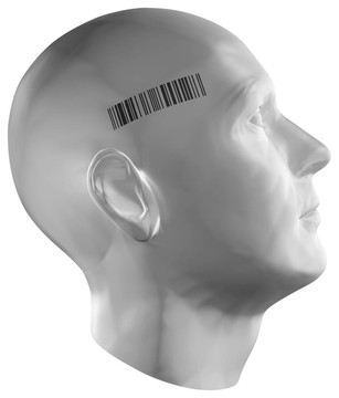 帶有條形碼郵票的人頭部3D渲染
